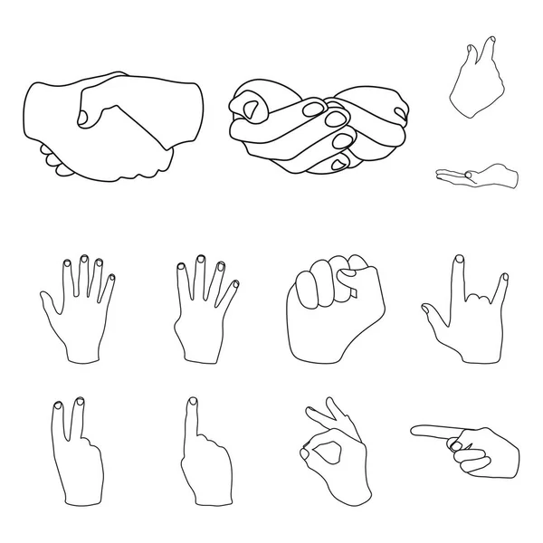 Ícones de contorno de gesto de mão na coleção de conjuntos para design. Palma e dedo símbolo vetor web ilustração . —  Vetores de Stock