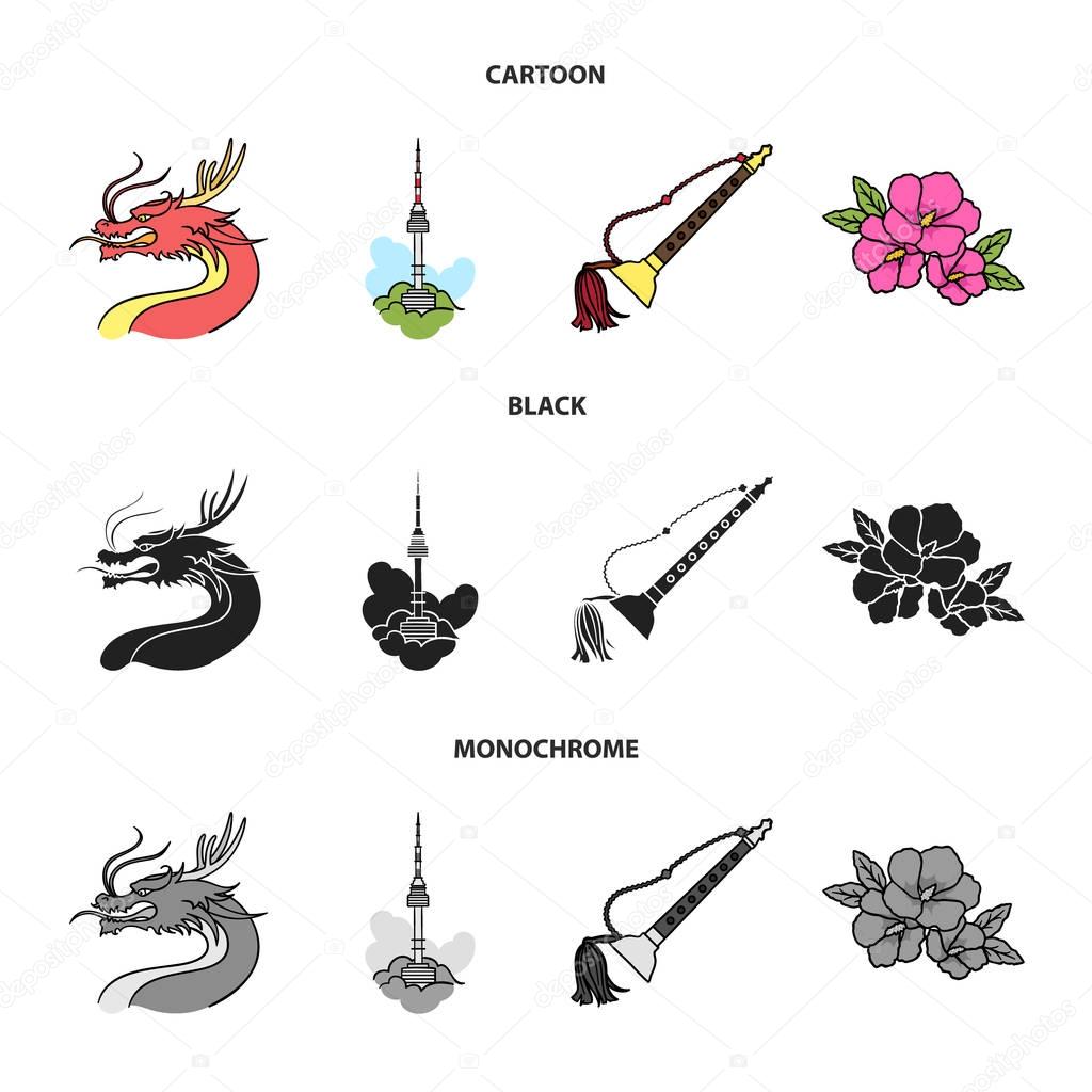 Dragon with mustache, Seoul tower, national musical instrument, hibiscus flower. South Korea set collection icons in cartoon,black,monochrome style vector symbol stock illustration web.
