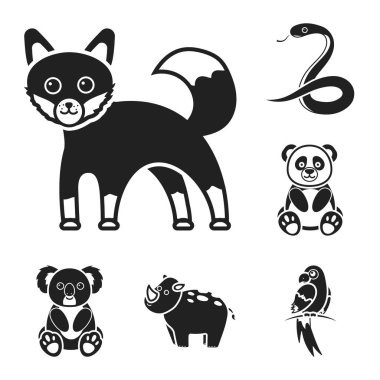 Bir gerçekçi olmayan hayvan siyah simgeler set koleksiyonu tasarım için. Oyuncak hayvanlar sembol stok web illüstrasyon vektör.
