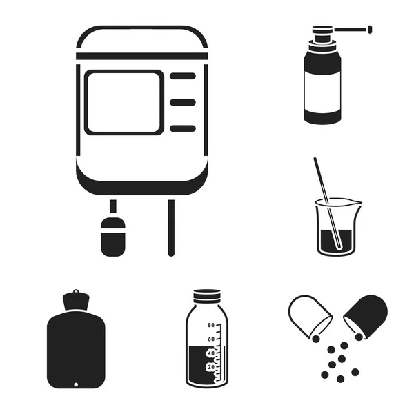 Geneesmiddelen en behandelingen zwarte pictogrammen in set collectie voor design. Medicijnen en apparatuur symbool voorraad web vectorillustratie. — Stockvector