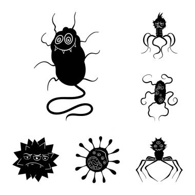 Komik mikrop türleri set koleksiyonu tasarım için simgeler siyah. Patojenik mikroplar sembol stok web illüstrasyon vektör.