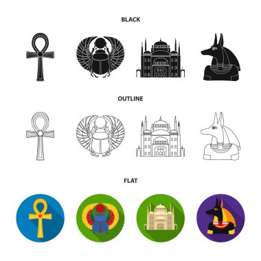 Anubis, Ankh, Cairo citadel, Mısır böceği. Antik Mısır koleksiyonu Icons set siyah, düz, anahat stili vektör simge stok çizim web.