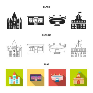 Hükümet, stadyum, kafe, kilise evi. Binada toplama simgeler siyah, düz, anahat stili vektör simge stok çizim web.