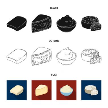 Gruyere, camembert, mascarpone, gorgonzola. Peynir farklı türde koleksiyon Icons set siyah, düz, anahat stili vektör simge stok çizim web.