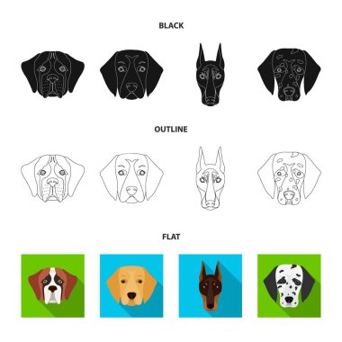 Farklı doğurmak-in köpek ağızlık. St. Bernard, golden retriever, Doberman, Dalmaçyalı doğurmak köpek toplama Icons set siyah, düz, anahat stili vektör simge stok çizim web.