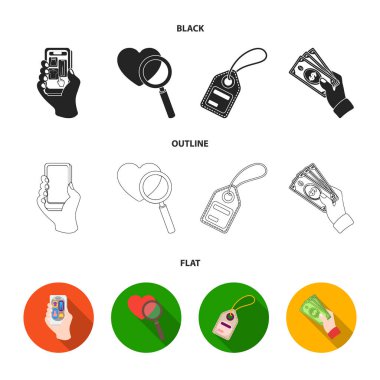 El, cep telefonu, online mağaza ve diğer ekipmanlar. E ticaret koleksiyonu Icons set siyah, düz, anahat stili vektör simge stok çizim web.