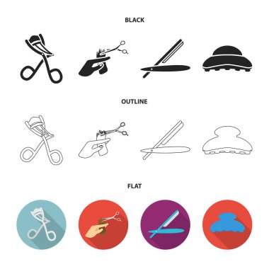 Makas, fırça, jilet ve diğer ekipmanlar. Kuaför koleksiyonu Icons set siyah, düz, anahat stili vektör simge stok çizim web.
