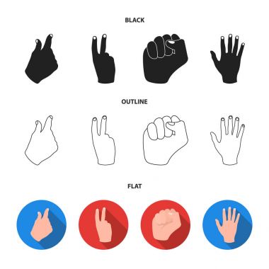 Açık yumruk, zafer, cimri. El hareketi koleksiyonu Icons set siyah, düz, anahat stili vektör simge stok çizim web.
