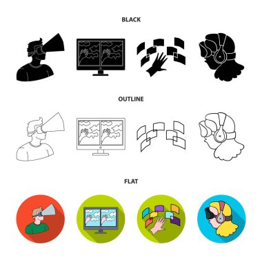 El, monitör, kulaklık, kadın. Sanal gerçeklik koleksiyonu Icons set siyah, düz, anahat stili vektör simge stok çizim web.