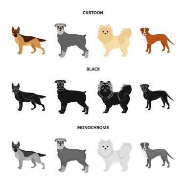 Köpek ırkları set koleksiyonu tasarım için çizgi film, siyah, tek renkli simgeler. Köpek evde beslenen hayvan vektör simge stok web çizim.