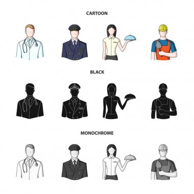Doktor, pilot, Garson kız, builder, mason. Meslek toplama simgeler çizgi film, siyah, tek renkli stil vektör simge stok çizim web içinde ayarla..