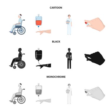 Travma, kan nakli, Doktor, bir doktorun elinde ilaç ile geçersiz. Çizgi film, siyah, tek renkli stil vektör simge stok çizim web Medicineset koleksiyon simgeler.