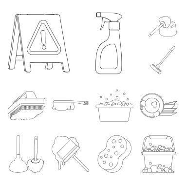 Temizlik ve hizmetçi set koleksiyonu tasarım için simgeleri anahat. Vektör simge stok web illüstrasyon Temizleme için donatım.