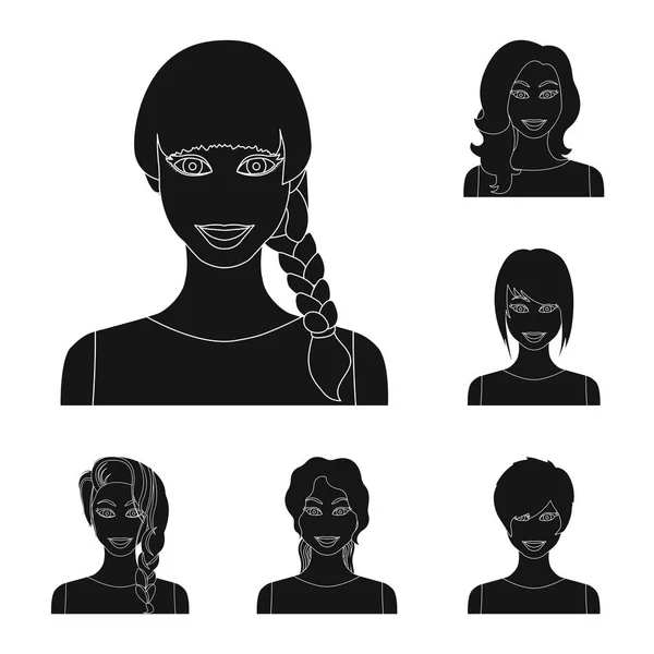 Tipos de peinados femeninos iconos negros en la colección de conjuntos para el diseño. Apariencia de una mujer vector símbolo stock web ilustración . — Vector de stock