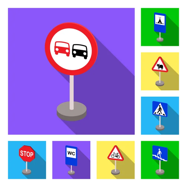 Verschiedene Arten von Verkehrsschildern flache Symbole in Set Sammlung für Design. Warn- und Verbotsschilder Vektor Symbol Stock Web Illustration. — Stockvektor