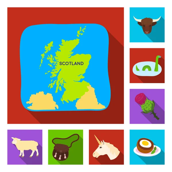 Country Scotland flat icons in set collection for design. Sightseeing, culture and tradition vector symbol stock web illustration. — Stock Vector