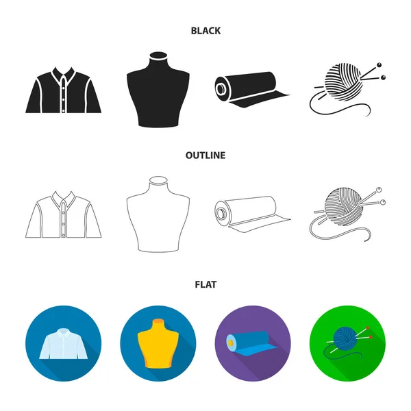 A man shirt, a mannequin, a roll of fabric, a ball of threads and knitting needles.Atelier set collection icons in black,flat,outline style vector symbol stock illustration web. — Stock Vector