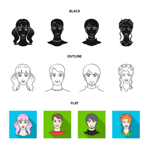 Gençlerin farklı görünüyor. Avatar ve yüz toplama Icons set siyah, düz, anahat stili vektör simge stok çizim web. — Stok Vektör