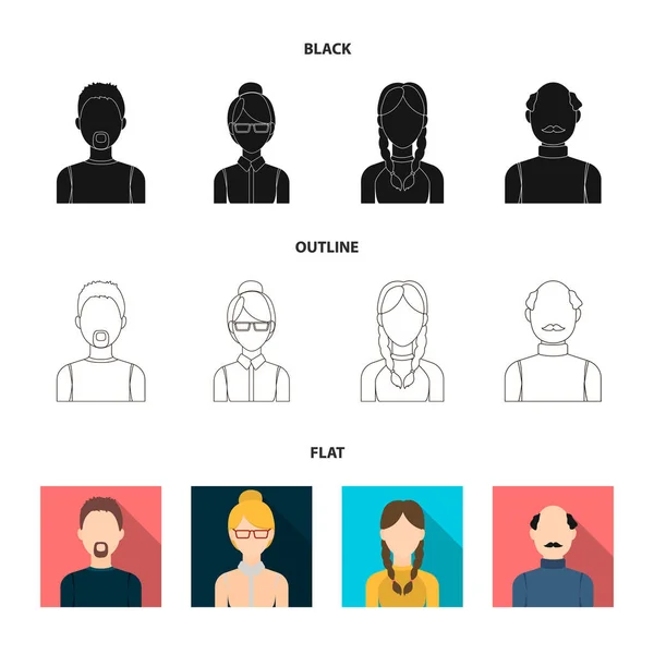 Un homme avec une barbe, une femme d'affaires, une fille queue de cochon, un homme chauve avec une moustache.Avatar ensemble icônes de la collection en noir, plat, contour de style vectoriel symbole illustration web . — Image vectorielle