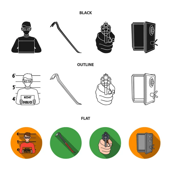 Photo of criminal, scrap, open safe, directional gun.Crime set collection icons in black, flat, outline style vector symbol stock illustration web . — стоковый вектор