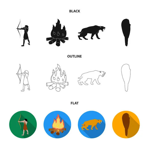 Man, hunter, onion, bonfire .Stone age set collection icons in black, flat, outline style vector symbol stock illustration web . — стоковый вектор