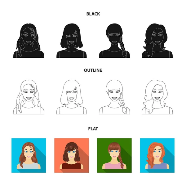 Види жіночих зачісок чорні, плоскі, контурні піктограми в набірній колекції для дизайну. Зовнішній вигляд жінки Векторний символ стокова веб-ілюстрація . — стоковий вектор