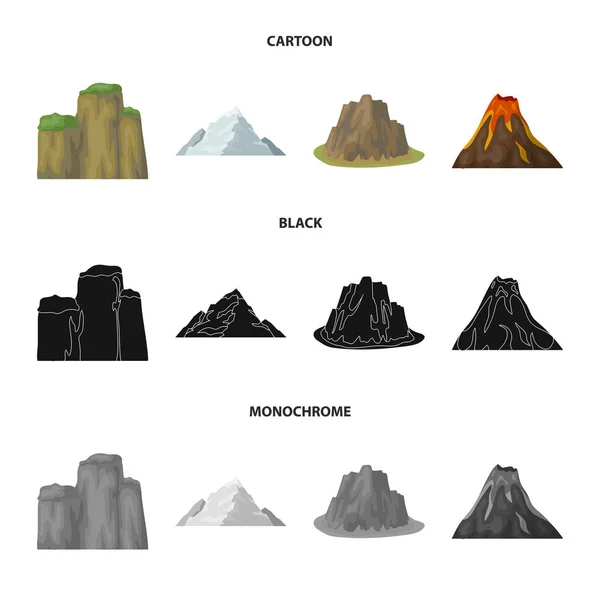 Явные скалы, извержение вулкана, гора с пляжем, ледник. Различные горы устанавливают иконки коллекции в мультфильме, черный, монохромный стиль векторного символа фондового иллюстрации паутины . — стоковый вектор