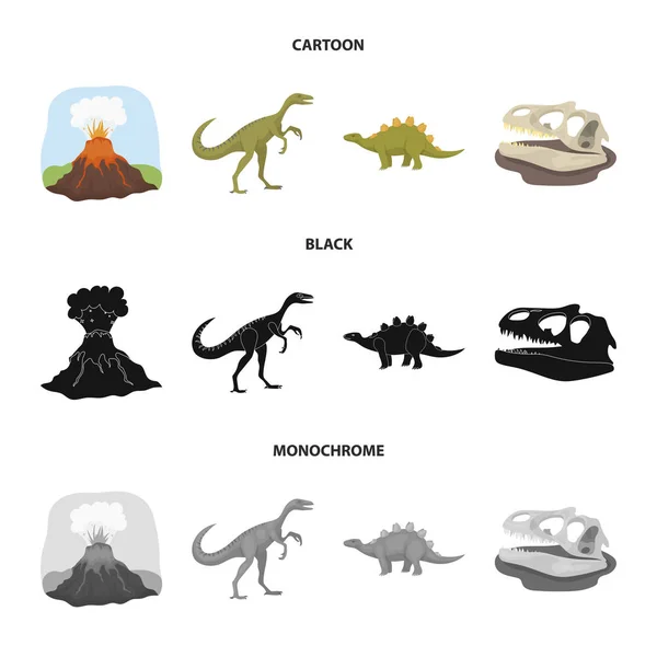 Vulkanausbruch, Gallimimus, Stegosaurus, Dinosaurierschädel. Dinosaurier und prähistorische Periode setzen Sammlung Symbole in Cartoon, schwarz, monochromen Stil Vektor Symbol Stock Illustration Web. — Stockvektor