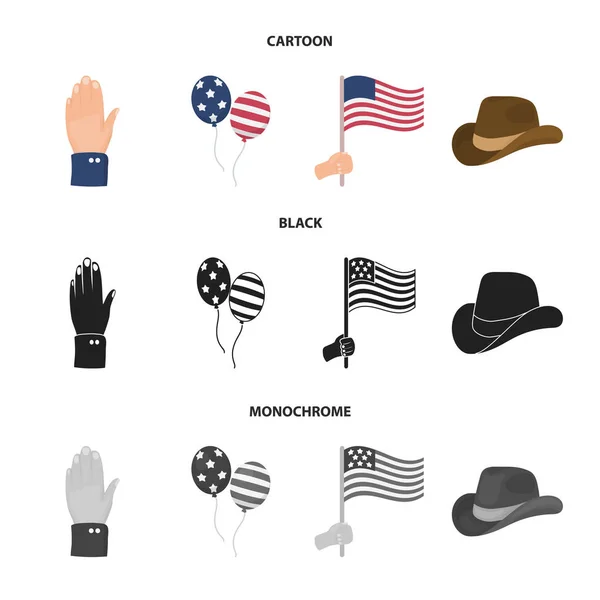 Luftballons, Nationalflagge, Cowboyhut, Palmhand.Patriot Tag Set Sammlung Symbole in Cartoon, schwarz, monochromen Stil Vektor Symbol Stock Illustration Web. — Stockvektor