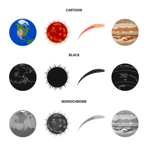 Země, Jupiter, slunce, planety sluneční soustavy. Asteroidů, meteorit. Planety sada kolekce ikon v karikatuře, černá, monochromatickém stylu vektor symbol skladem ilustrace web. — Stockový vektor