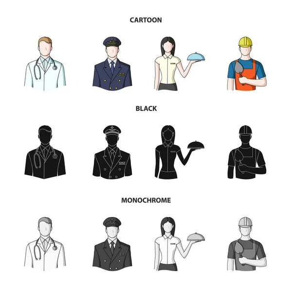 The doctor, the pilot, the waitress, the builder, the mason.Profession set collection icons in cartoon, black, monochrome style vector symbol stock illustration web . — стоковый вектор