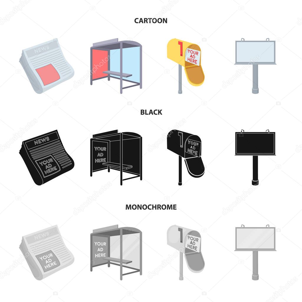 Newspapers, a bus stop, a mail box, a billboard.Advertising,set collection icons in cartoon,black,monochrome style vector symbol stock illustration .