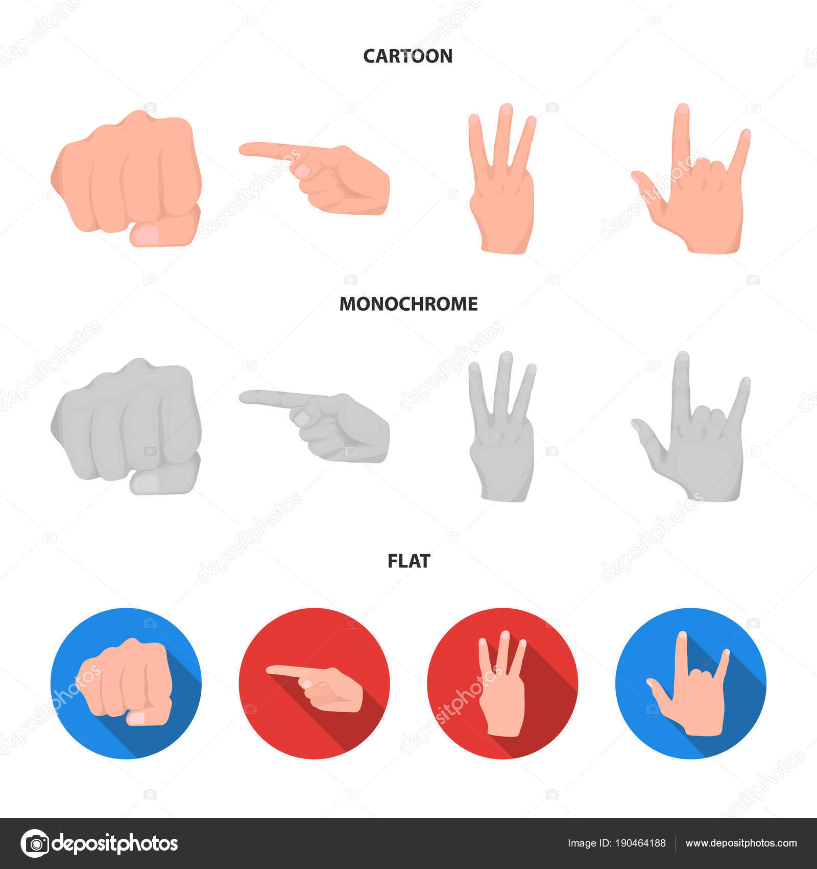 Closed fist, index, and other gestures. Hand gestures set collection