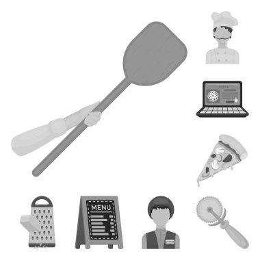 Pizza ve pizza tek renkli simgeler set koleksiyonu tasarım için. Personel ve ekipman sembol stok web illüstrasyon vektör.