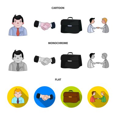 İşadamı, el sıkışma, Portföy, anlaşma. Çizgi film, düz iş konferans ve müzakerelerin küme toplama simgeler, tek renkli stil vektör simge stok çizim web.