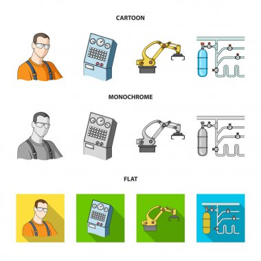 Modern ekipman ve diğer web simgesi karikatür, düz, tek renkli stil. Tezgahlar ve ekipman fabrika simgeler kümesi koleksiyonu.