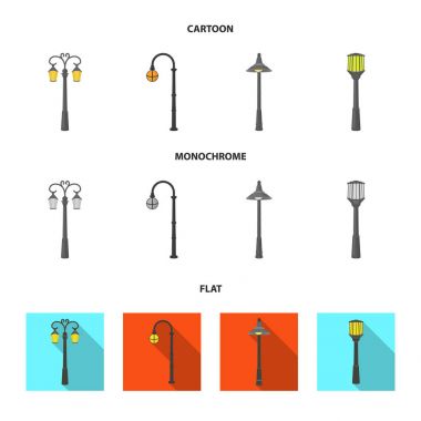 Retro tarzı, modern fener, meşale ve diğer tip-in sokak sokak lâmbası direği. Elektrik direği küme toplama simgeler karikatür, düz, tek renkli stil vektör simge stok çizim web.