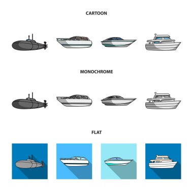 Askeri bir denizaltı, sürat teknesi, bir zevk tekne ve ruhu tekne. Gemi ve su taşıma kümesi toplama simgeler çizgi film, düz, tek renkli vektör simge stok çizim web stil.