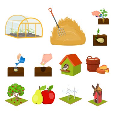 Set koleksiyonu tasarım için çiftlik ve tarım karikatür simgeler. Bahçe ve bitki izometrik vektör simge stok web çizim.