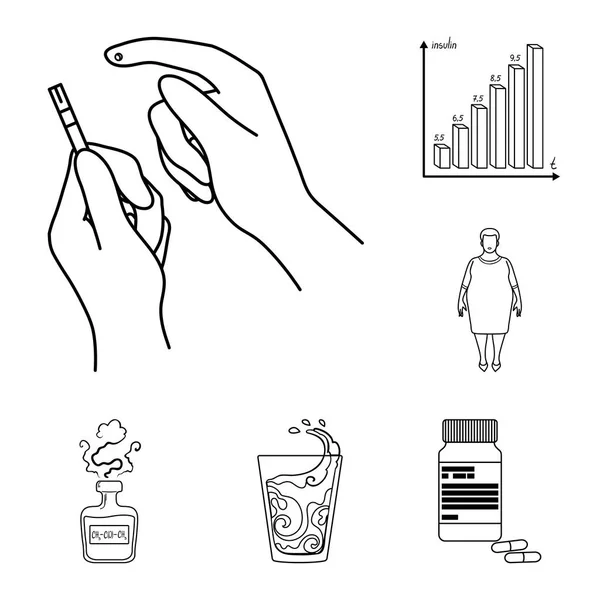 Diabetes delinear ícones na coleção de conjuntos para design. Tratamento de diabetes vetor símbolo web ilustração . — Vetor de Stock