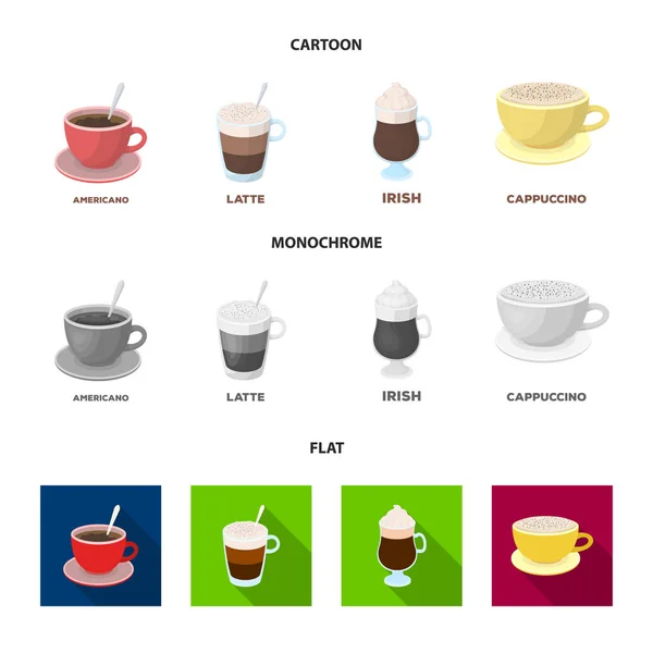 Americká, pozdní, Irská, cappuccino. Různé druhy kávy kolekce sady ikon v karikatuře, ploché, monochromatický stylu vektor symbol skladem ilustrace web. — Stockový vektor