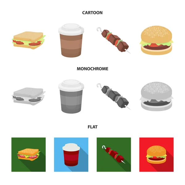 Σάντουιτς, καφές, σουβλάκι, μπιφτέκι. Fast food set συλλογή εικονίδια στη γελοιογραφία, επίπεδη, μονόχρωμη στυλ διάνυσμα σύμβολο απόθεμα ενδεικτικά web. — Διανυσματικό Αρχείο