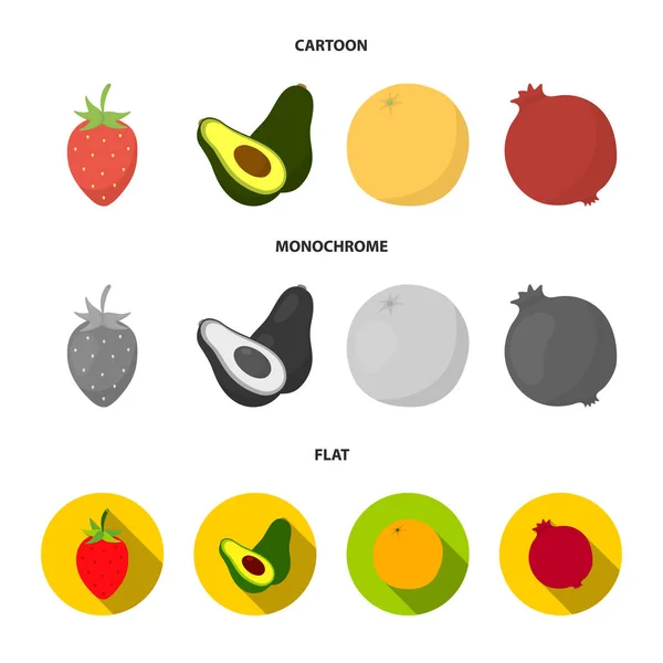 Fraise, baie, avocat, orange, grenade. Fruits ensemble icônes de la collection en dessin animé, plat, monochrome style vectoriel symbole illustration web . — Image vectorielle