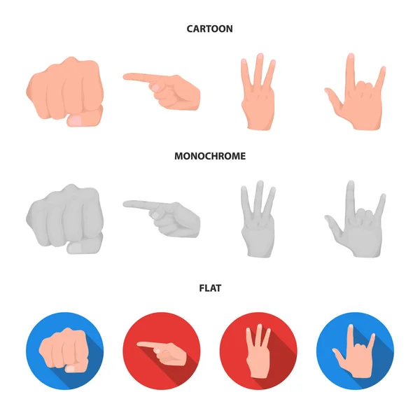 Knuten näve, index och andra gester. Hand gester set samling ikoner i tecknad, platt, svartvit stil vektor symbol stock illustration web. — Stock vektor