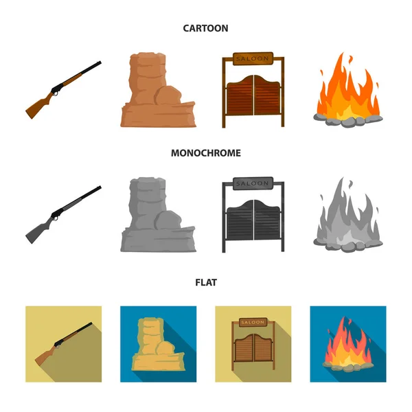 Winchester, saloon, rock, fire.Wild west set collection icônes en dessin animé, plat, monochrome style vectoriel symbole illustration web . — Image vectorielle