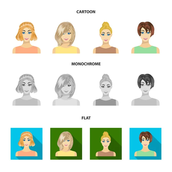 Types of female hairstyles cartoon, flat, monochrome icons in set collection for design. Внешний вид веб-иллюстрации женского векторного символа . — стоковый вектор