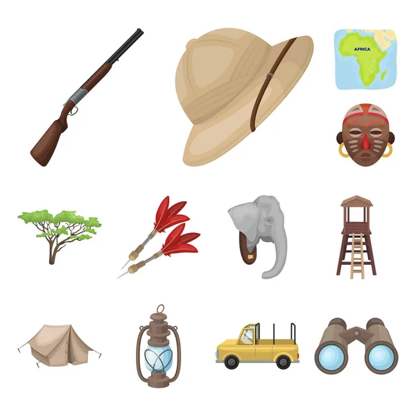 African Safari cartoon icons in set collection for design. Trophies and equipment for Safari vector symbol stock web illustration. — Stock Vector