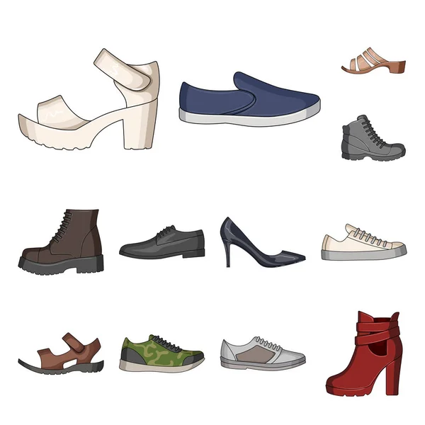 Különböző cipő ikonok beállítása gyűjtemény, design rajzfilm. Férfi és női cipő szimbólum állomány honlap illusztráció vektor. — Stock Vector
