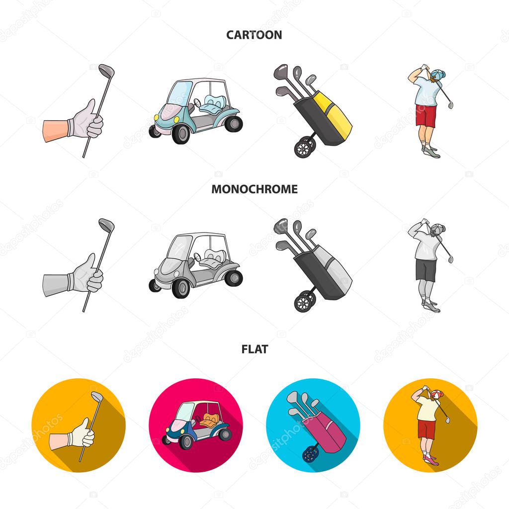 A gloved hand with a stick, a golf cart, a trolley bag with sticks in a bag, a man hammering with a stick. Golf Club set collection icons in cartoon,flat,monochrome style vector symbol stock