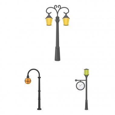 Set koleksiyonu tasarım için lamba sonrası karikatür simgeler. Fener ve vektör simge stok web çizim ışık.